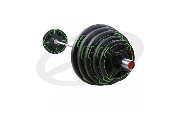 Диск олимпийский, полиуретановый, с 4-мя хватами, цвет черный с ярко зелеными полосами, 15кг Oxide Fitness OWP01 600_380