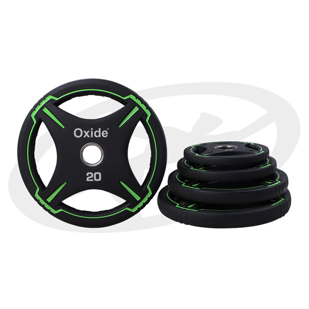 Диск олимпийский, полиуретановый, с 4-мя хватами, цвет черный с ярко зелеными полосами, 5кг Oxide Fitness OWP01 1000_1000