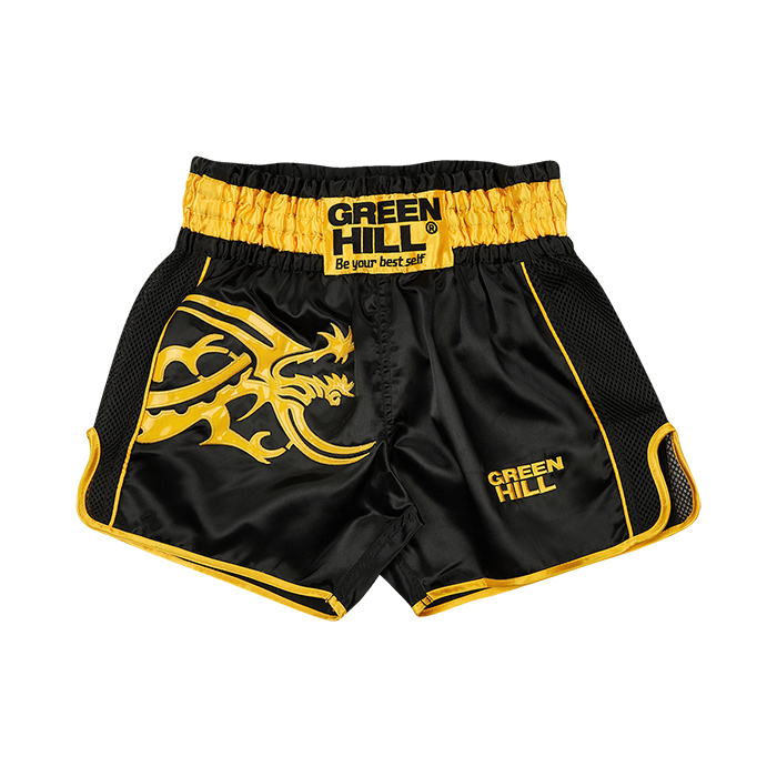 Шорты для тайского бокса Green Hill Garuda TBSG-6621, черно-желтые 700_700